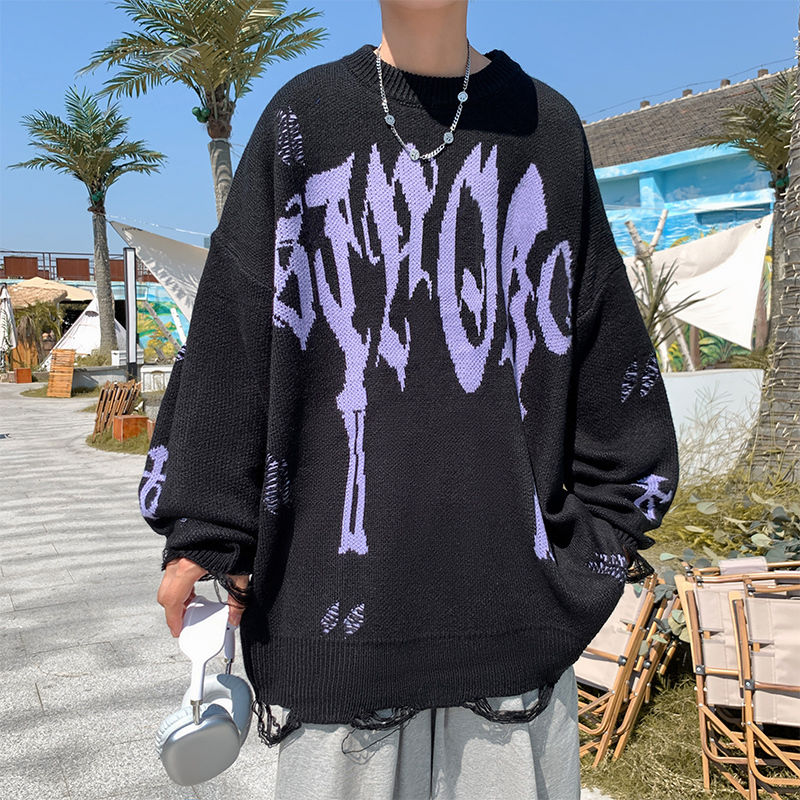 破洞毛衣男女bf秋冬設計感小眾加厚線衣外套青少年寬鬆休閒針織衫