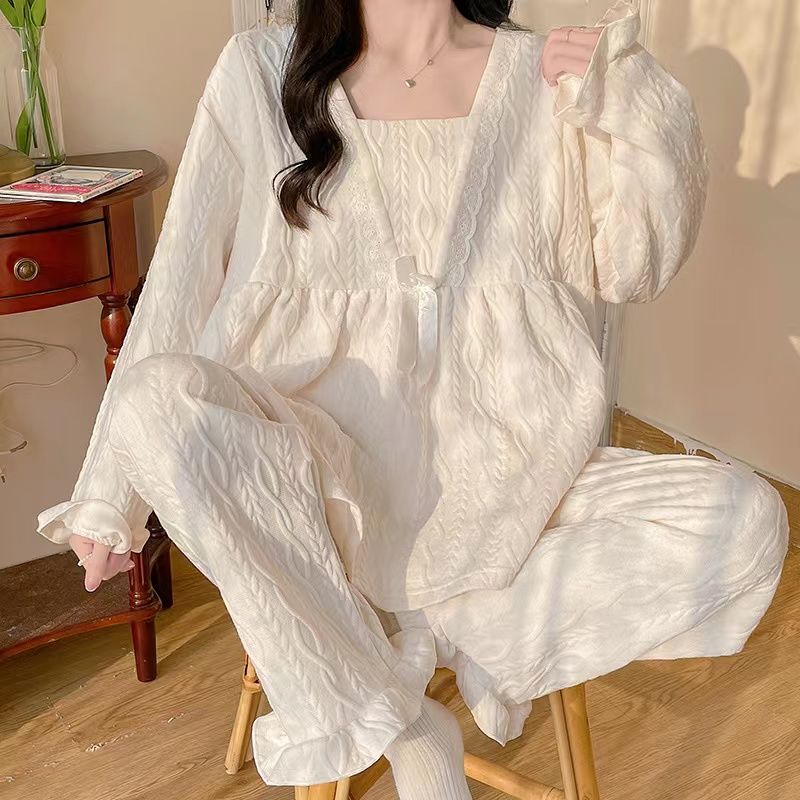 Pajamas Women's Autumn and Winter Thickened Air Cotton Adjustable Confinement Clothes Sweet Princess Wind Maternity Homewear Set