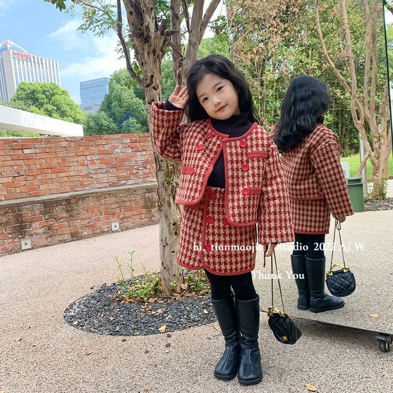 女童冬裝小香風套裝2022新款兒童洋氣紅色千鳥格外套中小童兩件套