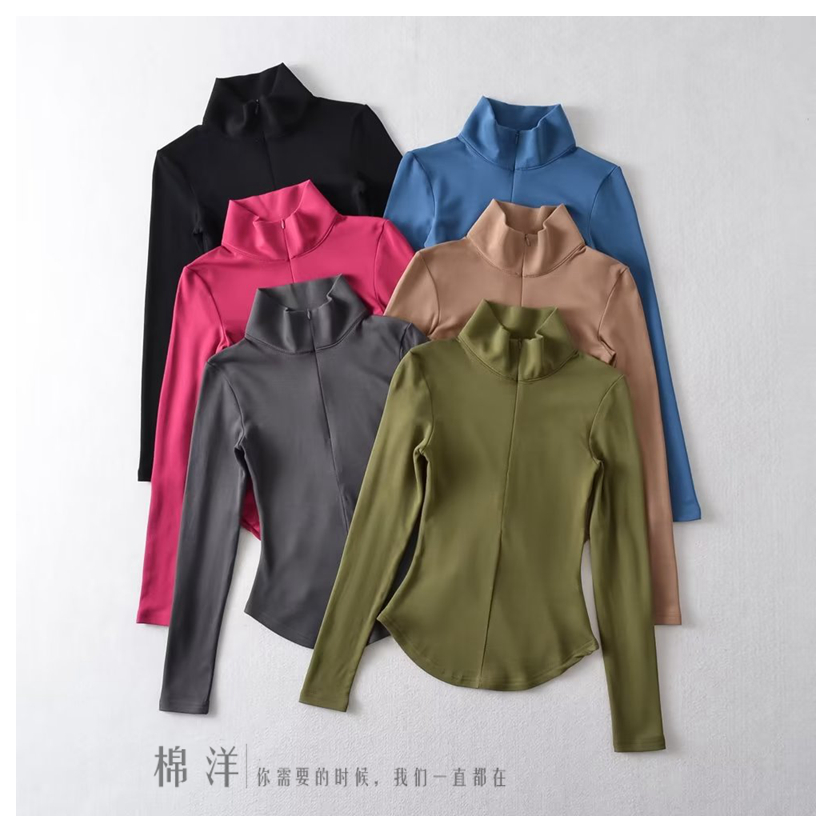 Fashion European and American hot girls pure desire tight sexy lapel half zipper long-sleeved T-shirt women's waist with thin velvet bottoming