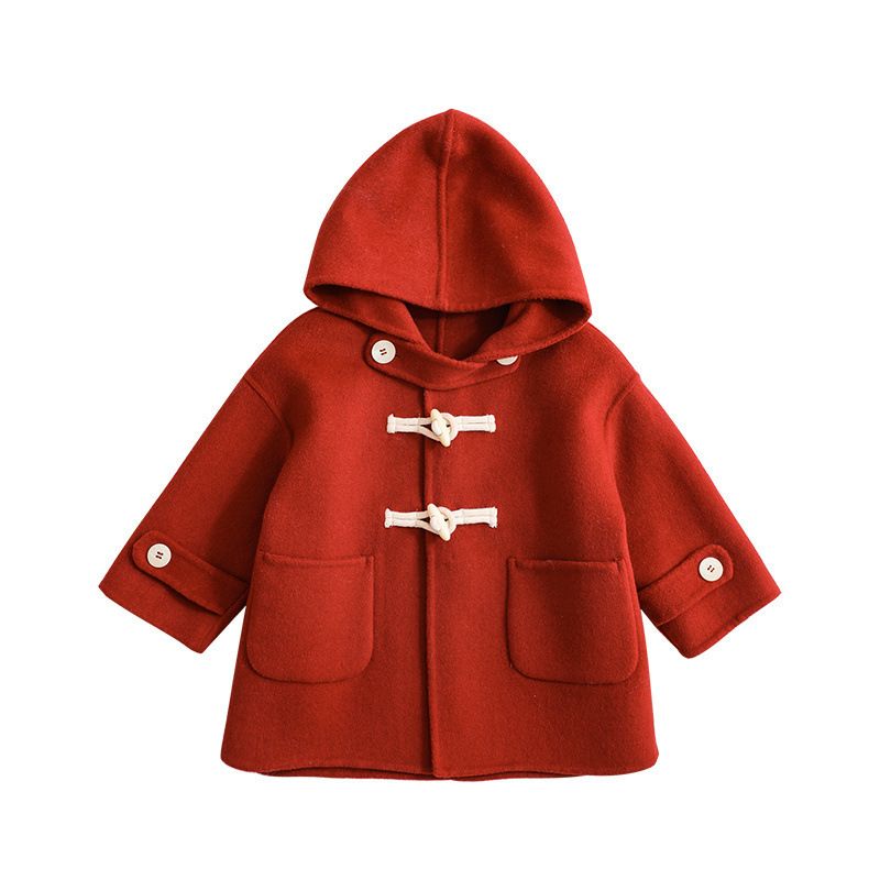 Girls' coat baby autumn and winter style plaid horn buckle double-sided woolen coat children's mid-length hooded coat