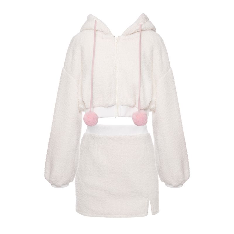 Unique chic coat short cute sweet and spicy rabbit ears hooded plush warm jacket short skirt suit winter new style