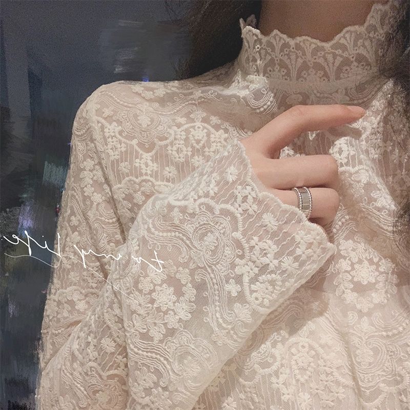 Velvet lace bottoming shirt for women 2022 new autumn and winter style inner matching sweater high-end half turtleneck mesh top