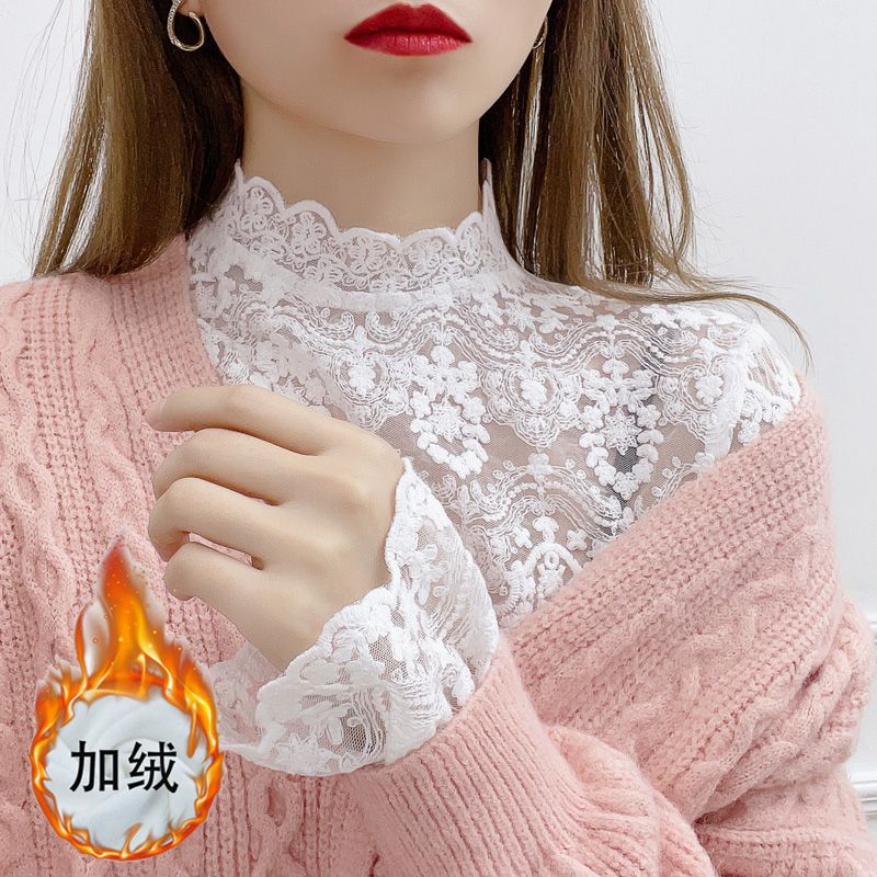 Half turtleneck lace bottoming shirt for women 2022 autumn and winter new style foreign style sweater with high-end mesh top and small shirt
