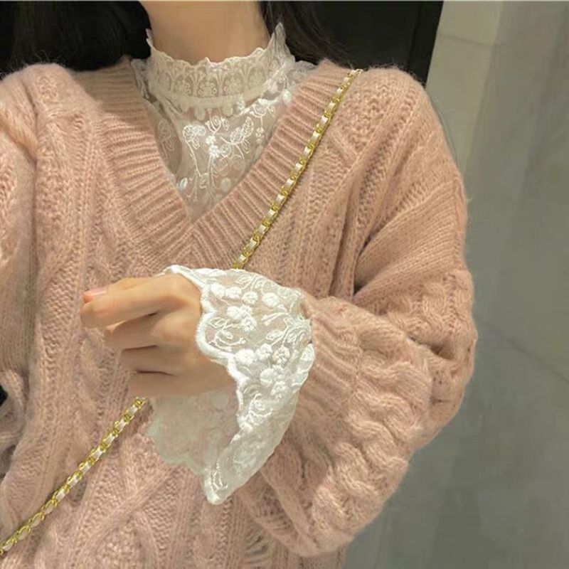 蕾絲打底衫女高領秋冬毛衣內搭洋氣網紗喇叭袖上衣加絨長袖蕾絲衫