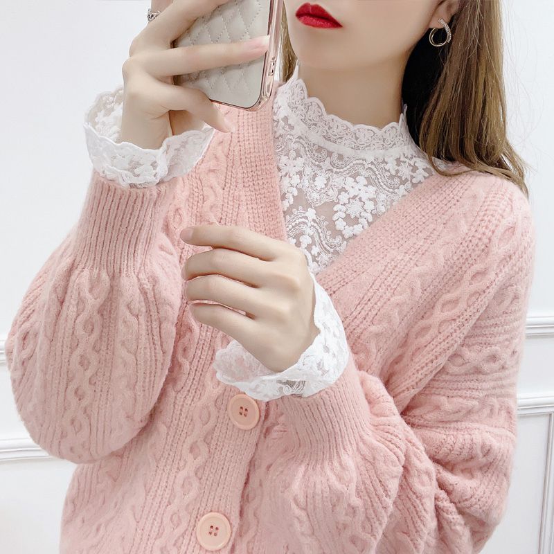 Half turtleneck lace bottoming shirt for women 2022 autumn and winter new style foreign style sweater with high-end mesh top and small shirt