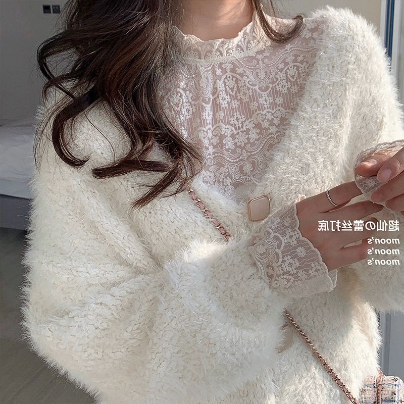Velvet lace bottoming shirt for women  new autumn and winter style inner matching sweater high-end half turtleneck mesh top