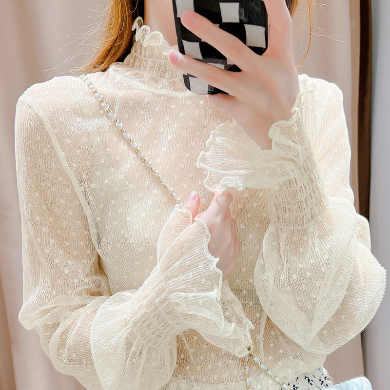 Fungus-edged lace bottoming shirt for women in autumn and winter, fashionable western bell-sleeved gauze dress, white high-neck mesh top