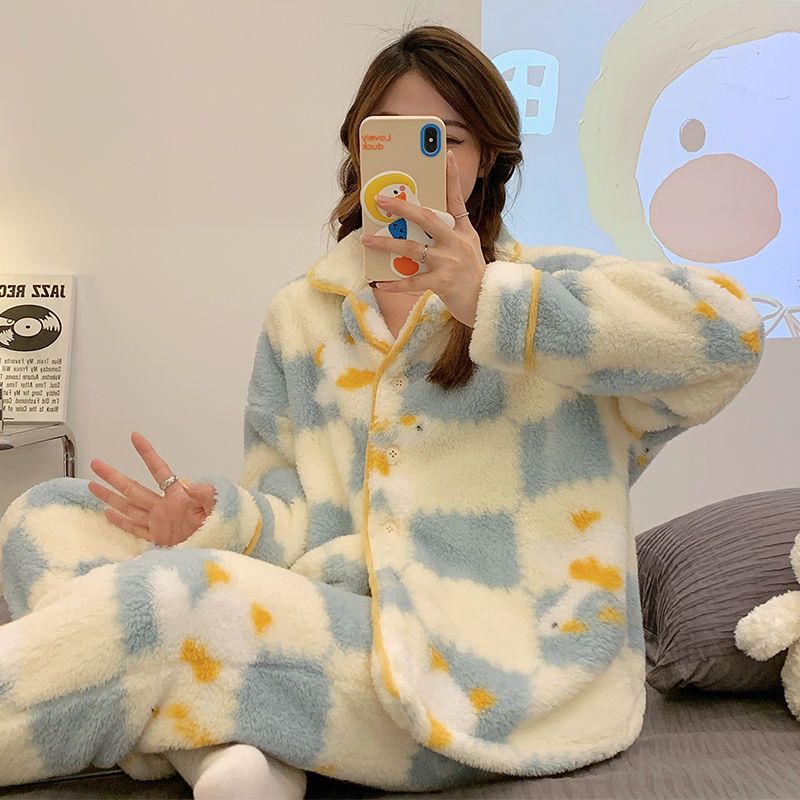Coral fleece pajamas women's autumn and winter loose large size thickened flannel two-piece set can be worn outside warm home clothes