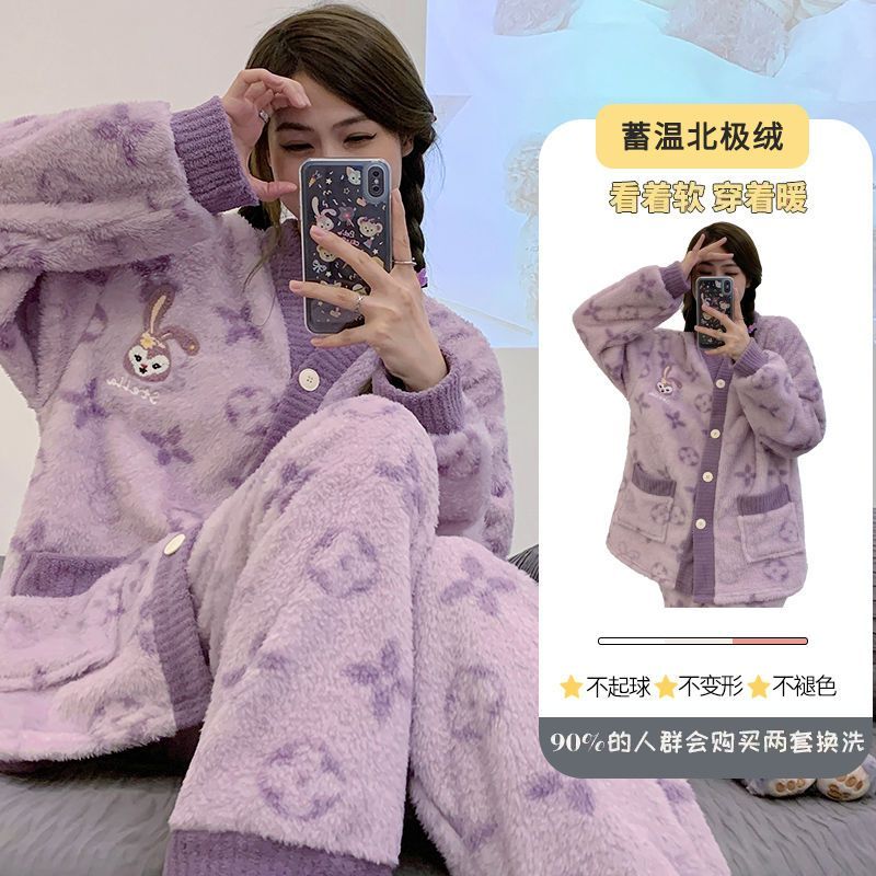Coral fleece pajamas women's autumn and winter can wear two-piece set thickened plus velvet flannel loose large size warm home service