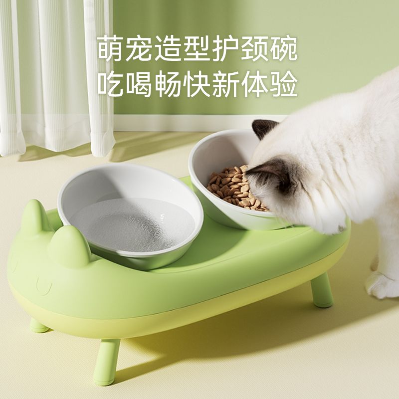 猫碗陶瓷猫食盆猫咪饭碗高脚碗斜口保护颈椎防打翻双碗狗碗狗食盆