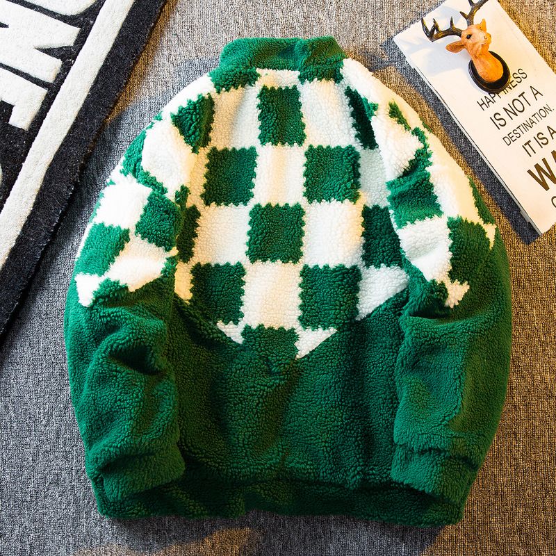 Amerikansk schackbräde Splitsad lammfleecerock Modemärke Förtjockad vinter bomullskläder för män stå upp_voghion.com