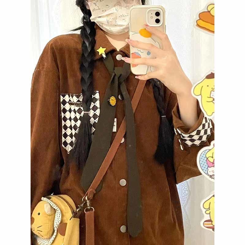 日系復古燈芯絨格子襯衫女秋冬季新款寬鬆設計感小眾長袖襯衣外套