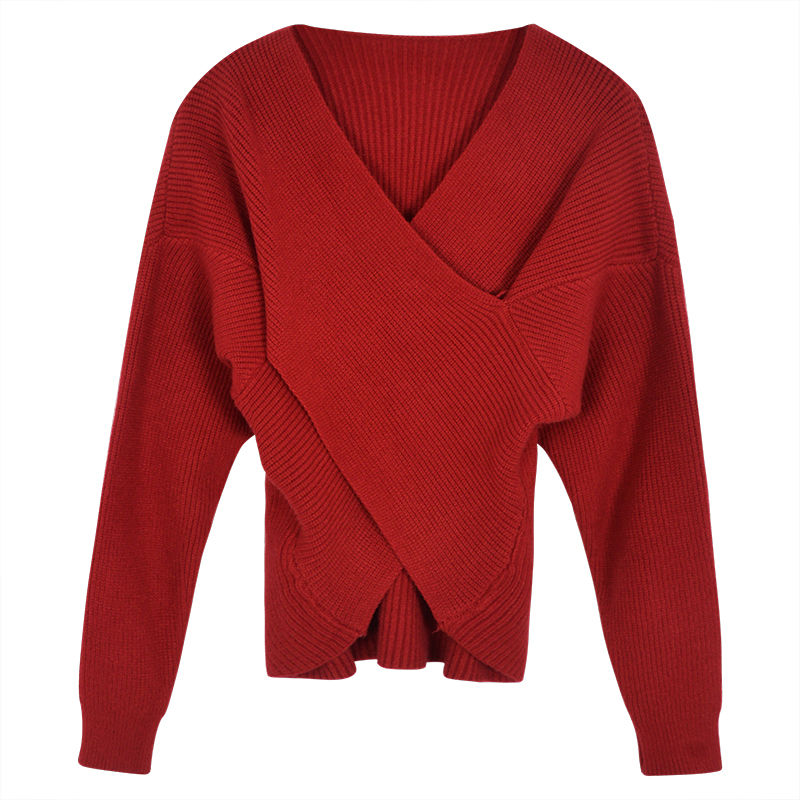 秋冬季年新款交叉设计感慵懒风打底针织衫上衣女红色V领毛衣