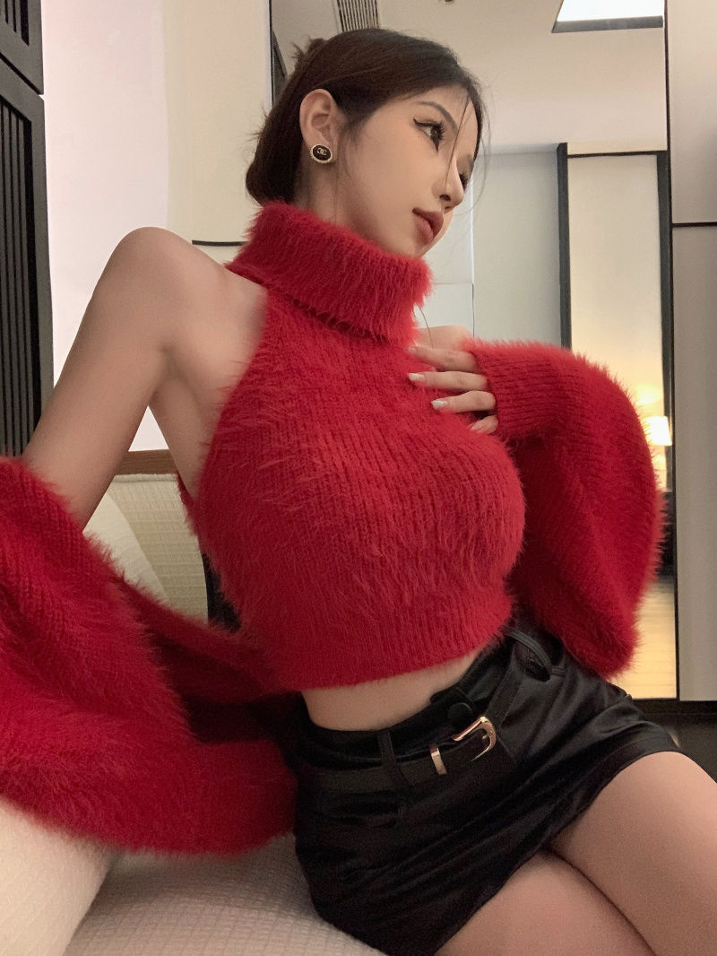 紅色聖誕氛圍感披肩毛衣女秋冬百搭高級感短款針織開衫外套兩件套