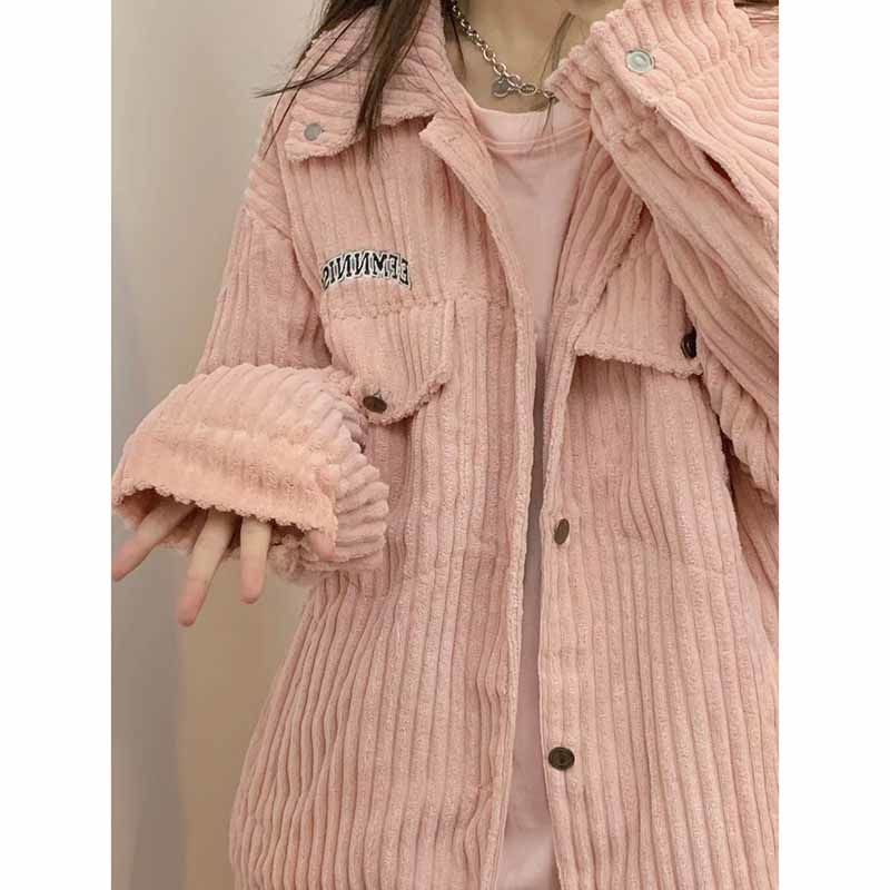 粉色學院風復古燈芯絨外套女秋冬季新款百搭寬鬆翻領工裝開衫上衣