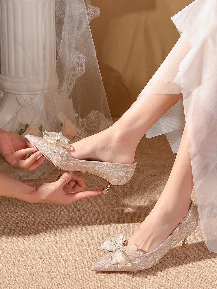 法式订婚鞋女秀禾服公主婚纱两穿用低跟孕妇新娘水晶高跟鞋不累脚