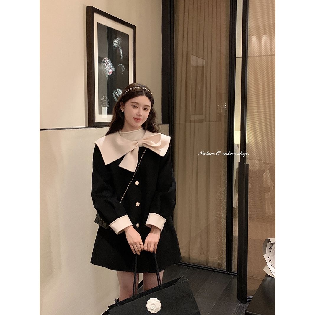 Celebrity style white bowknot woolen coat women's autumn and winter thickened temperament dragon and phoenix small short coat trendy