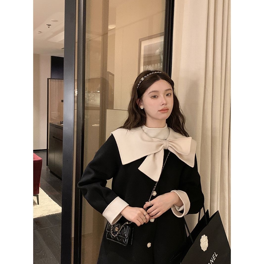 Celebrity style white bowknot woolen coat women's autumn and winter thickened temperament dragon and phoenix small short coat trendy