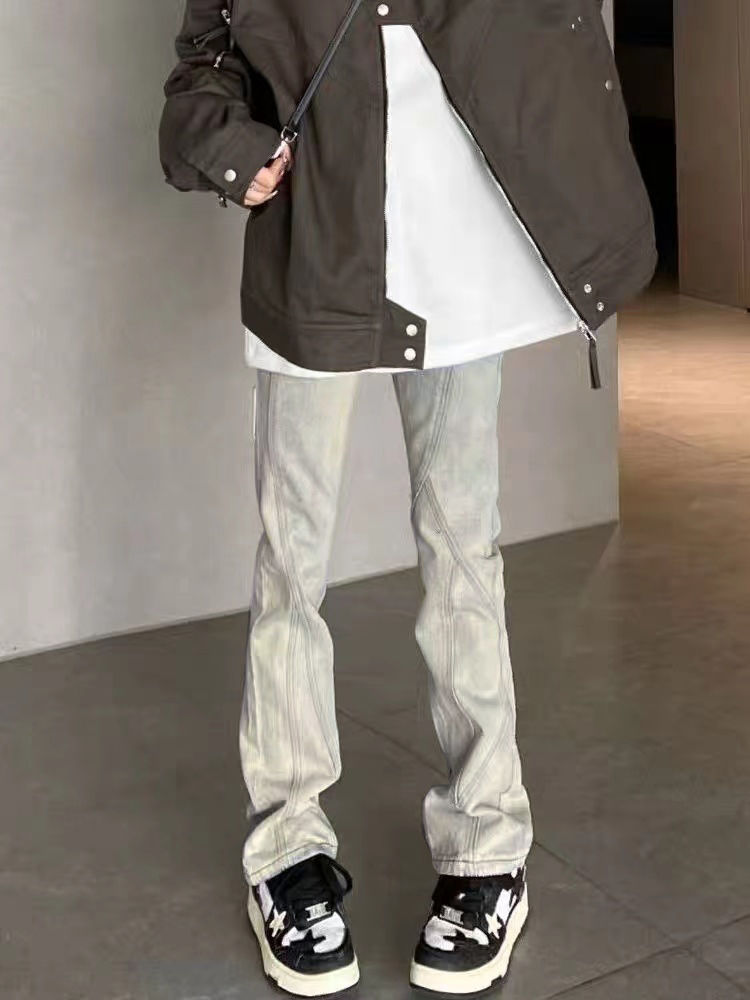 American high street micro-la split design jeans women's spring and autumn high waist retro straight slim vibe pants
