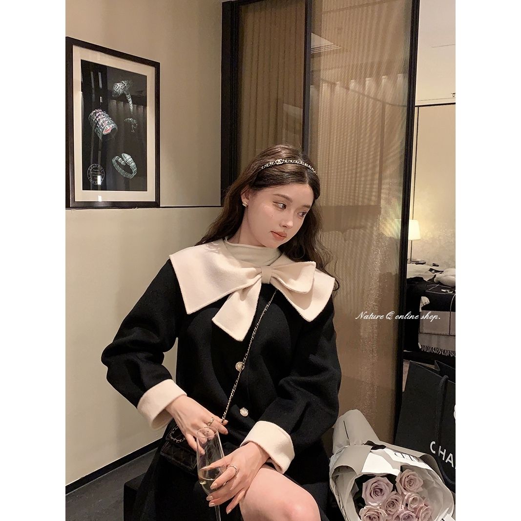 Celebrity style white bowknot woolen coat women's autumn and winter thickened temperament dragon and phoenix small short coat trendy