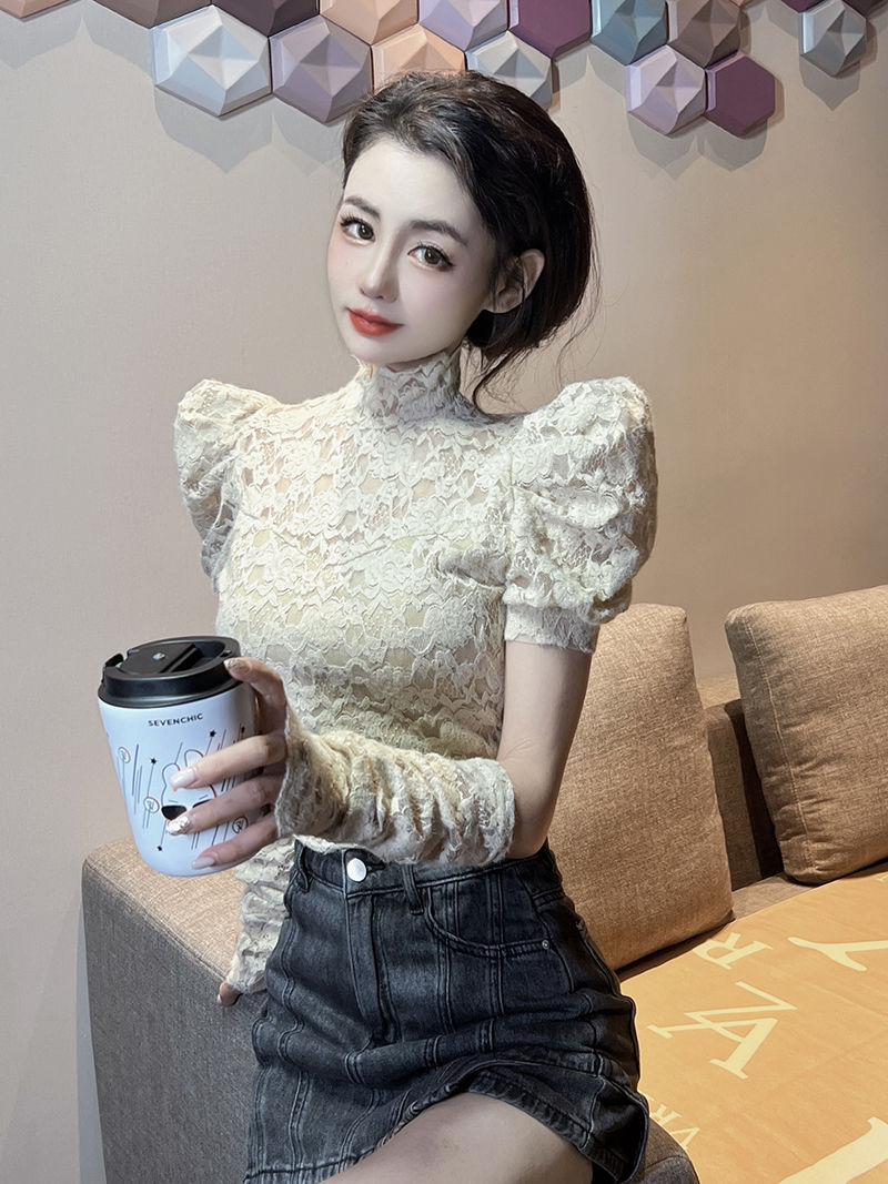 秋冬新款洋氣高級立領性感袖套蕾絲打底衫女法式純欲短款上衣ins