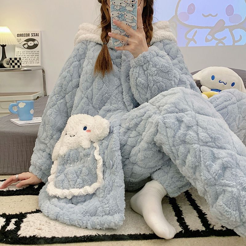 Autumn and winter new pajamas women's coral fleece three-layer quilted hood adjustable pregnant women thickened home service suit