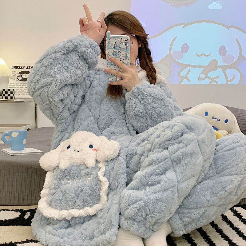 Autumn and winter new pajamas women's coral fleece three-layer quilted hood adjustable pregnant women thickened home service suit