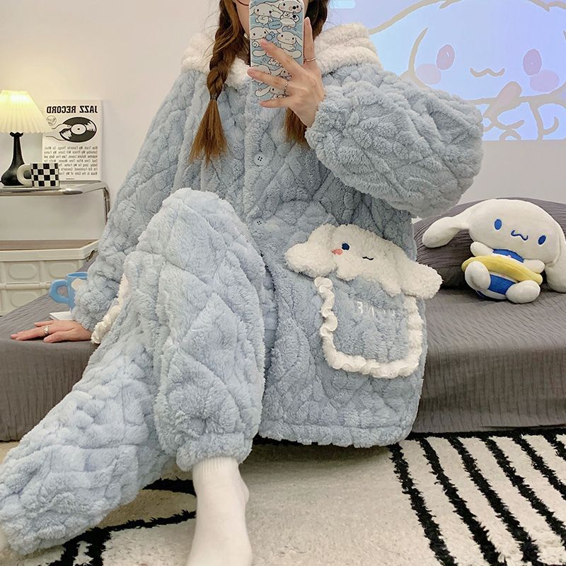 Autumn and winter new pajamas women's coral fleece three-layer quilted hood adjustable pregnant women thickened home service suit