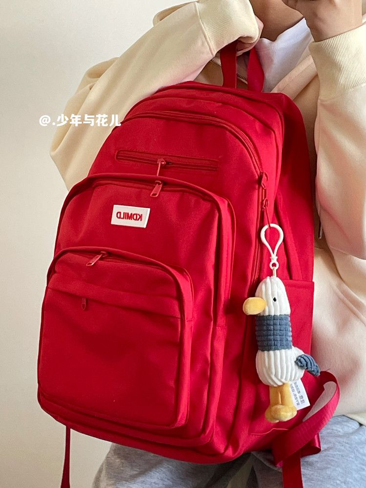 书包女大学生韩国大容量多层设计高中学生校园双肩包红色宝藏背包