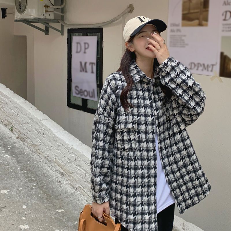 小香風格子毛呢外套女秋冬季新款休閒寬鬆oversize小個子長袖上衣