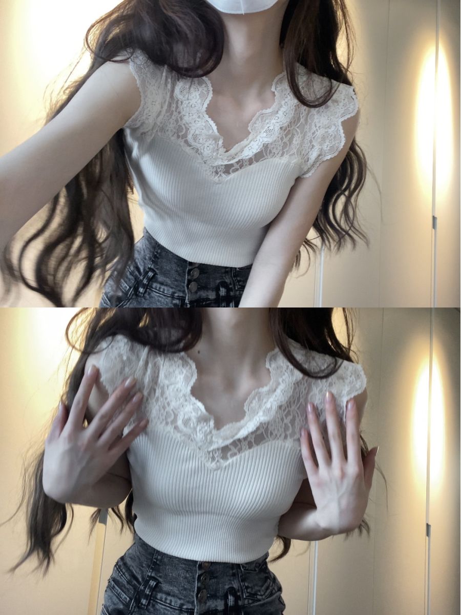 Japanese style small fragrance pure color lace bottoming vest pure desire sweet and spicy self-cultivation and thin inner top female spring and autumn 