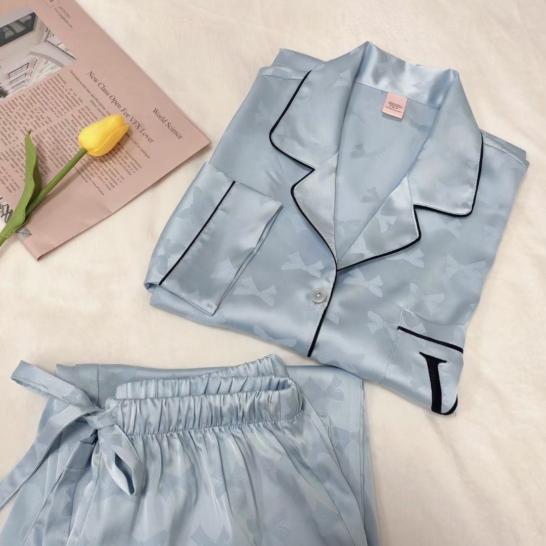 He Sui same style ice silk pajamas women's summer high-end spring and autumn thin section long-sleeved trousers casual home service suit