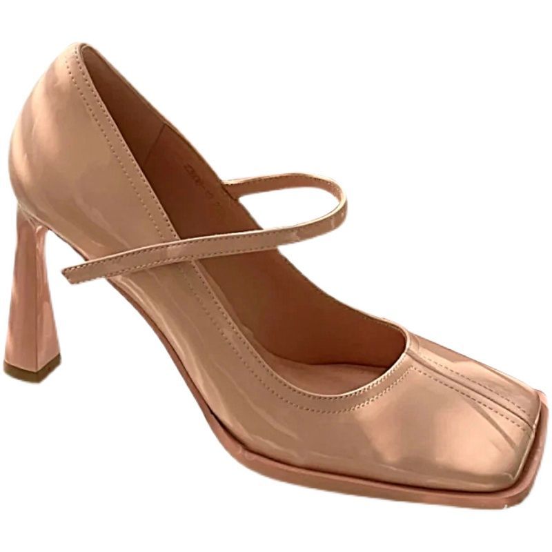 粉色方头高跟鞋女2023年春季新款小个子法式复古细跟百搭玛丽珍鞋