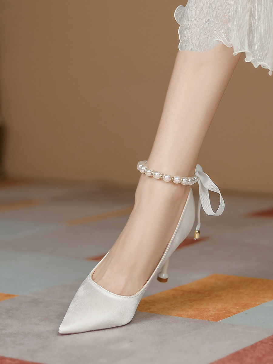 白色高跟鞋女18岁成年礼细跟设计感小众气质名媛法式婚鞋伴娘鞋子