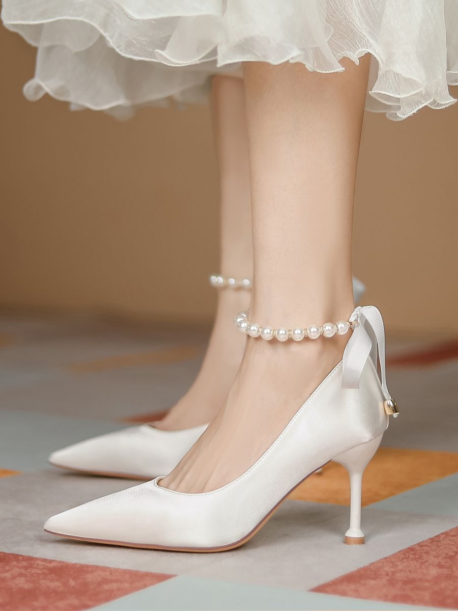白色高跟鞋女18岁成年礼细跟设计感小众气质名媛法式婚鞋伴娘鞋子