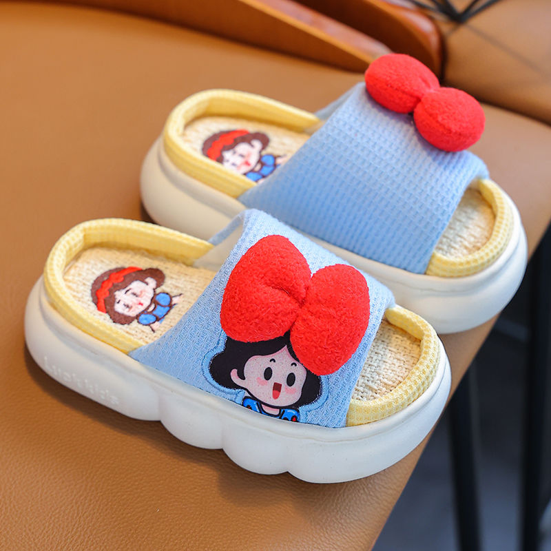Children's slippers flax spring and autumn indoor home breathable girls princess parent-child non-slip middle and small children thick-soled floor shoes