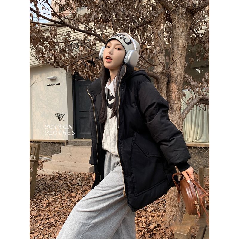 學院風立領連帽棉服外套女裝加厚冬季新款寬鬆麵包服黑色棉襖棉衣