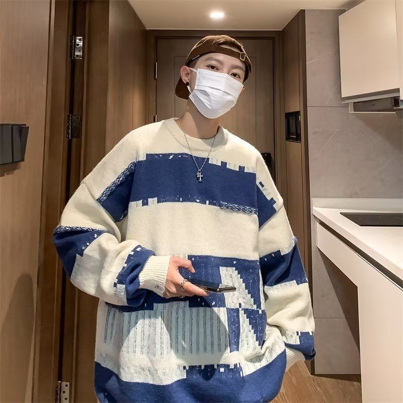 圓領毛衣慵懶高級感男秋季打底衫美式高街潮牌針織衫外套