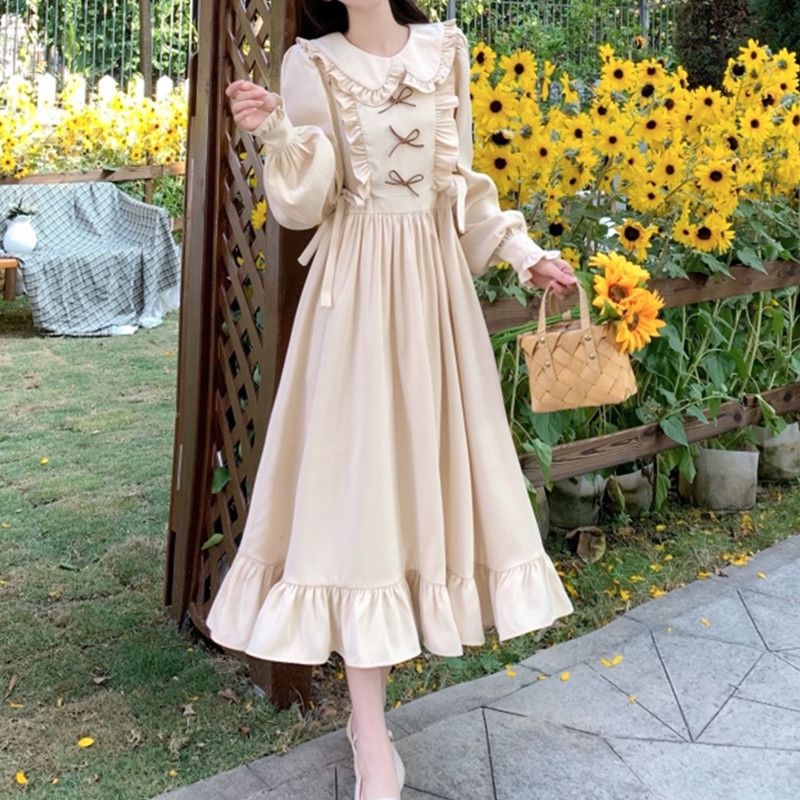 College style doll collar dress for female students Korean style loose mid-length long sleeve knee-length bow A-line skirt