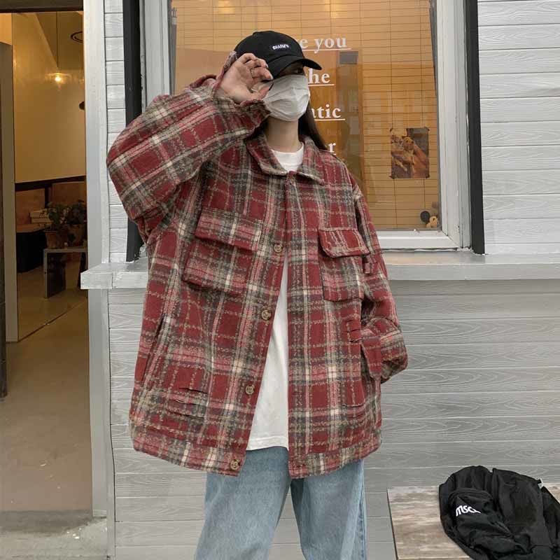 格子毛呢外套女秋冬2023新款寬鬆復古設計感小眾加厚翻領襯衫夾克