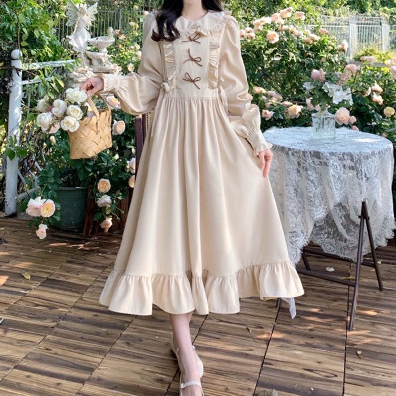 College style doll collar dress for female students Korean style loose mid-length long sleeve knee-length bow A-line skirt