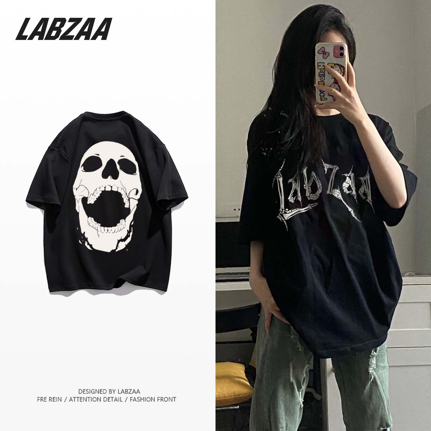 LABZAA pure cotton skull design short-sleeved t-shirt women's summer high street hip-hop couple niche loose top tide