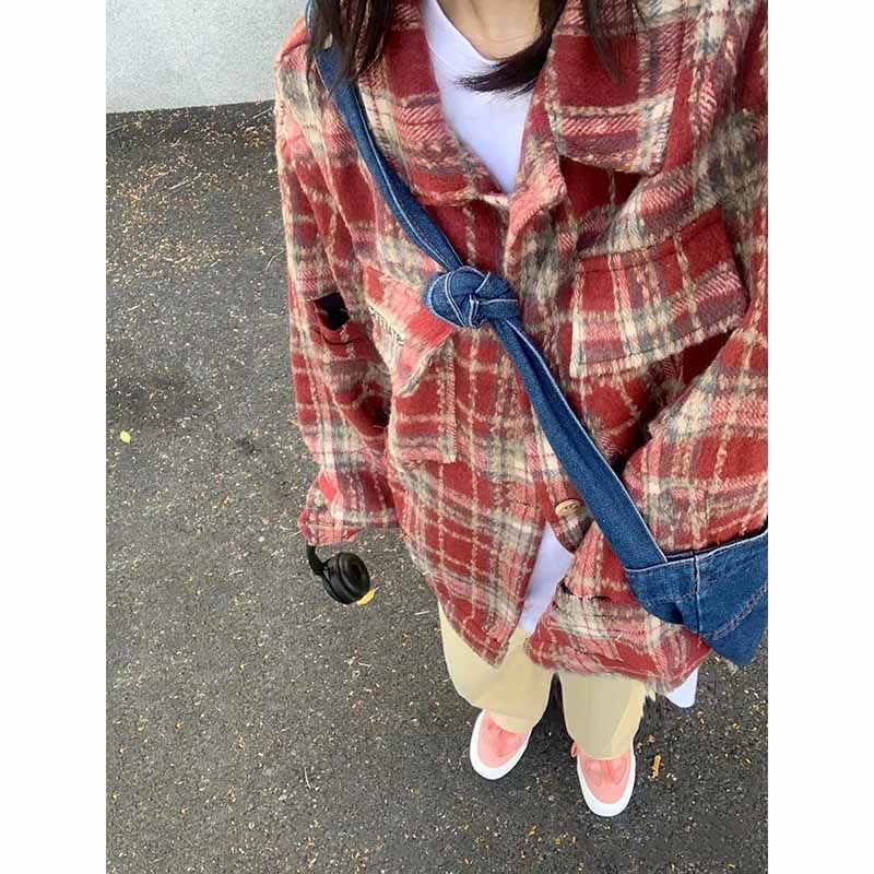 紅色格子工裝外套女秋冬新款美式高街復古ins寬鬆高級感加厚上衣