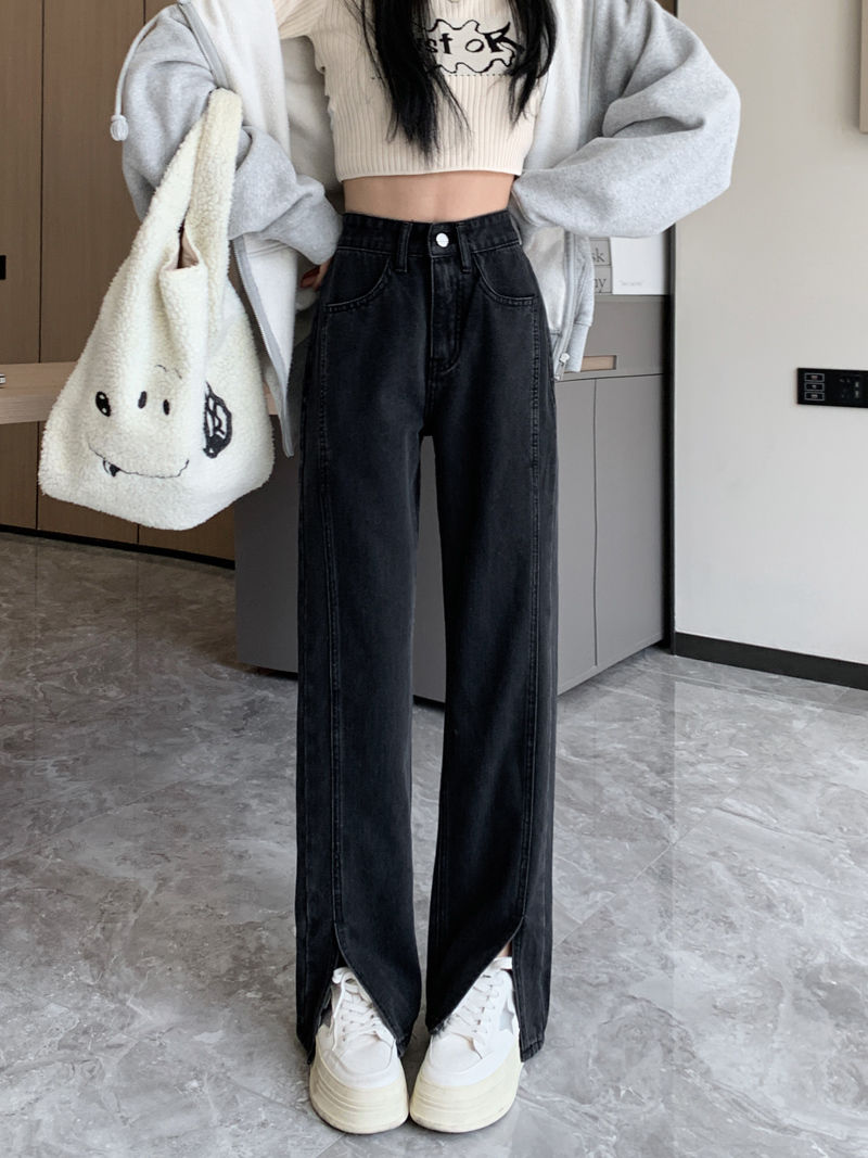 2023 Spring and Autumn New Slit Jeans Women's Loose Wide Leg Pants Large Size Fat mm Slimming High Waist Straight Pants