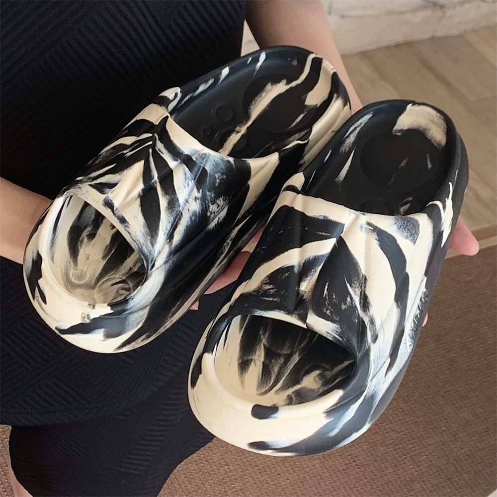Thin Strip Men's Personality Cool Splashed Ink One-Word Sandals and Slippers Women's Summer Couples Non-slip Stepping on Shit Feeling Home Slippers