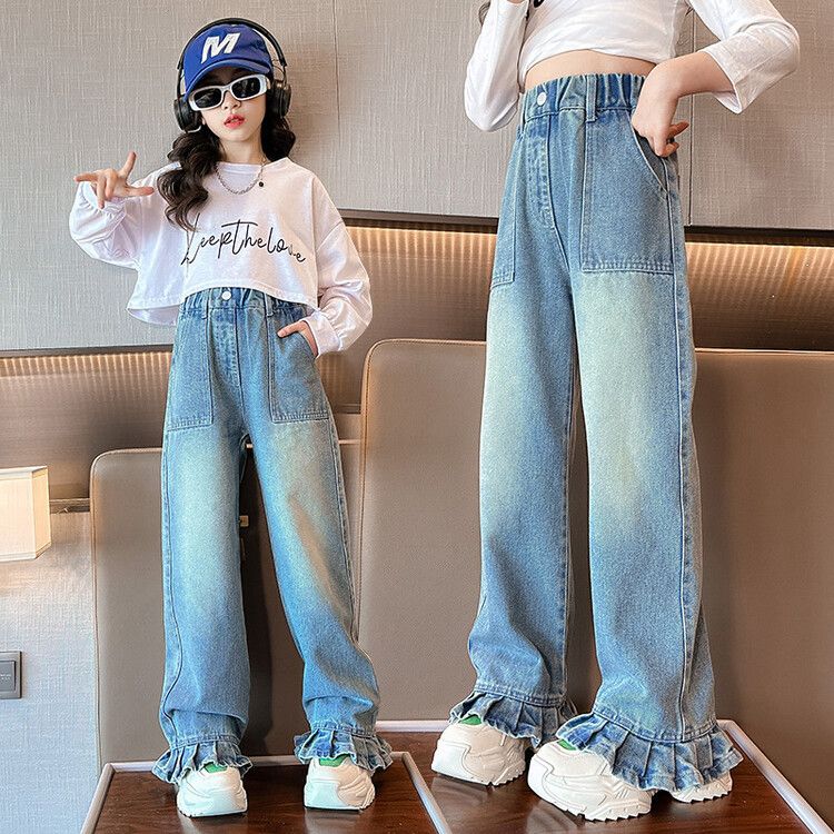 女童牛仔褲春裝2023新款洋氣春秋季女孩寬鬆長褲韓版休閒闊腿褲子