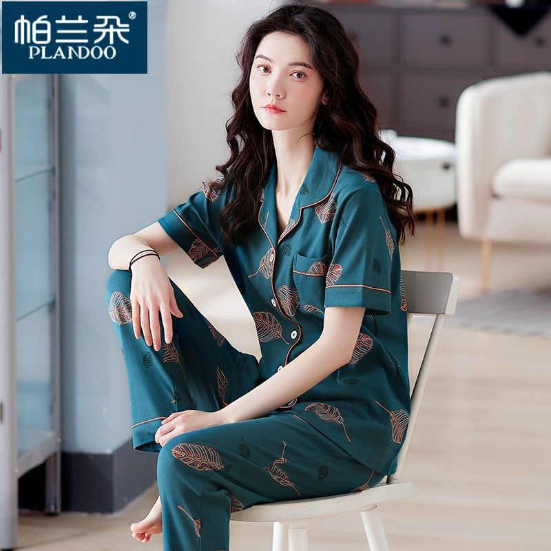 睡衣女士夏季短袖長褲純棉薄款夏天全棉家居服半袖媽媽套裝