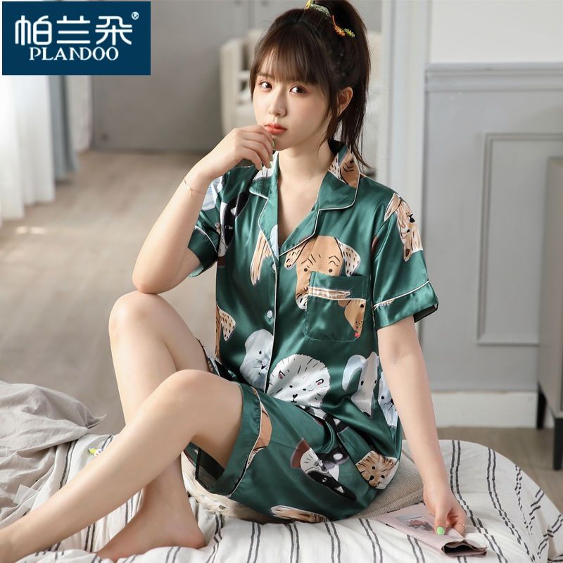 睡衣女士夏季冰絲短袖短褲開衫家居服夏天薄款仿真絲綢套裝