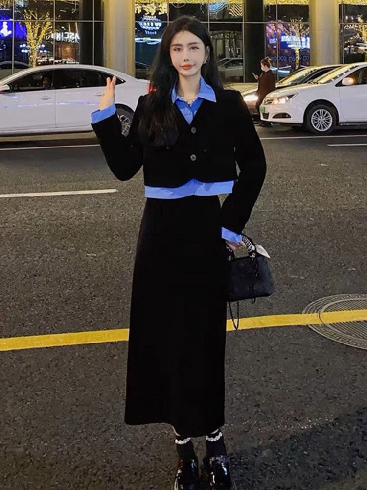 通勤流行兩件套裙高級感2023春秋新款減齡拼接上衣鹽系時尚套裝女